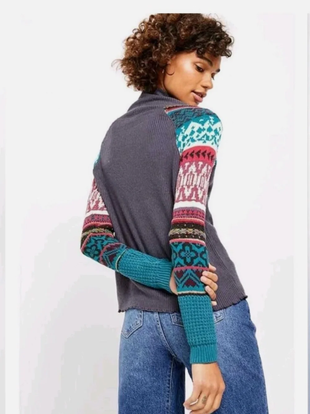 Free People Prism Fair Isle Sweater Gray Ribbed Boho Thermal Pullover Top Size M